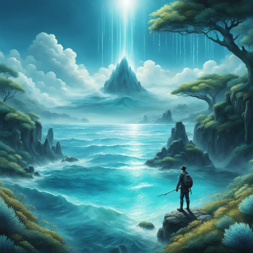 Surreal Water Man Embraces Oceanic Serenity in Dreamlike Fan...