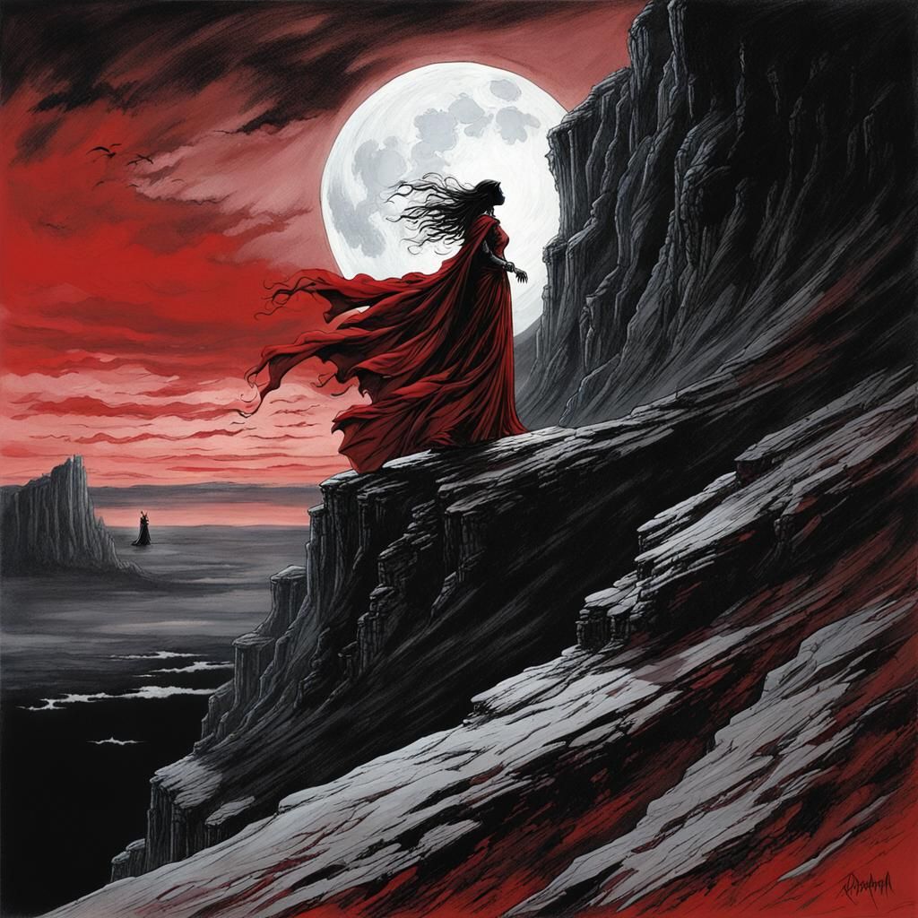 Silhouette of Woman on Cliff with Red Sky