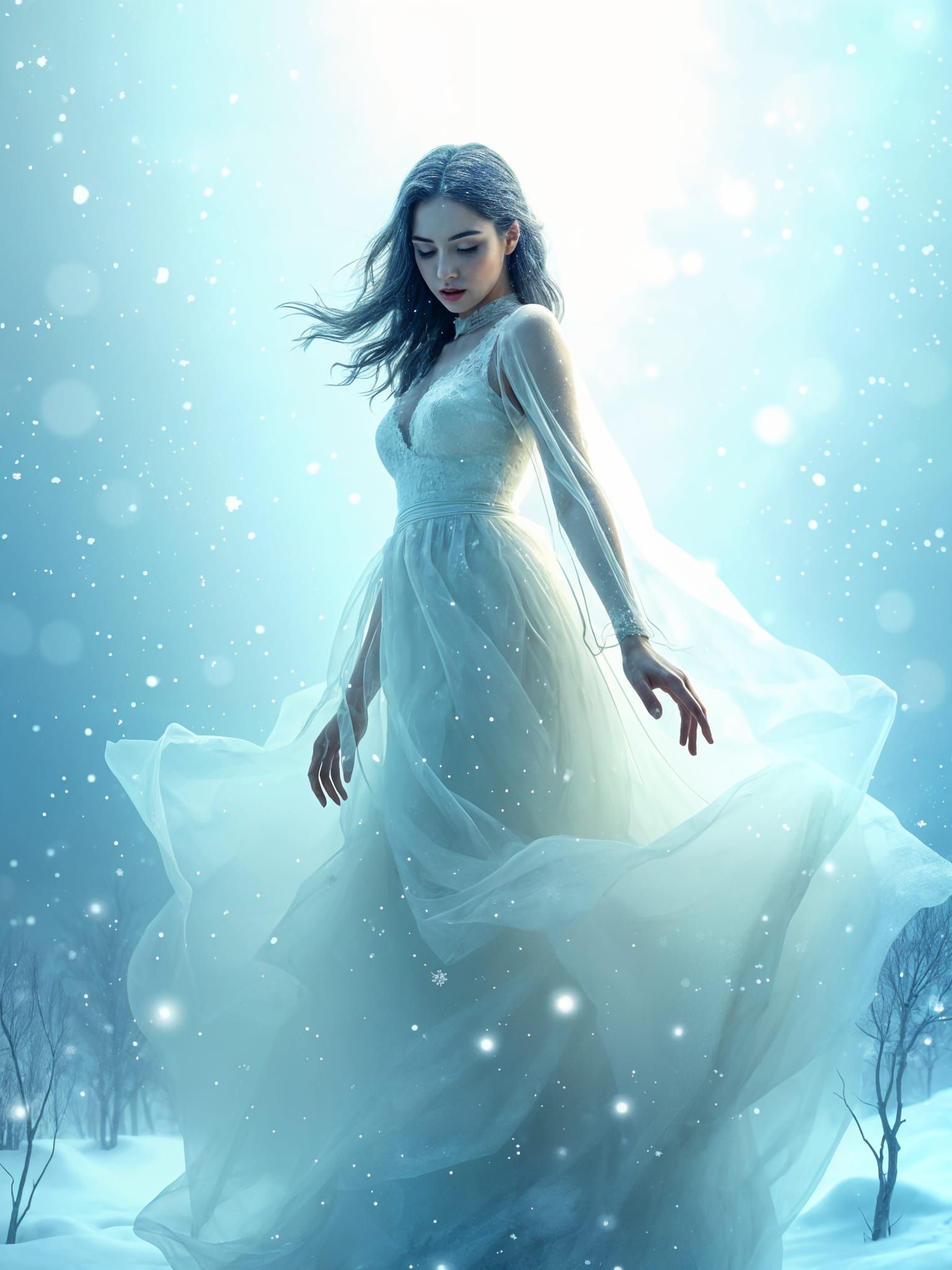 Surreal Woman Made of Snow and Air