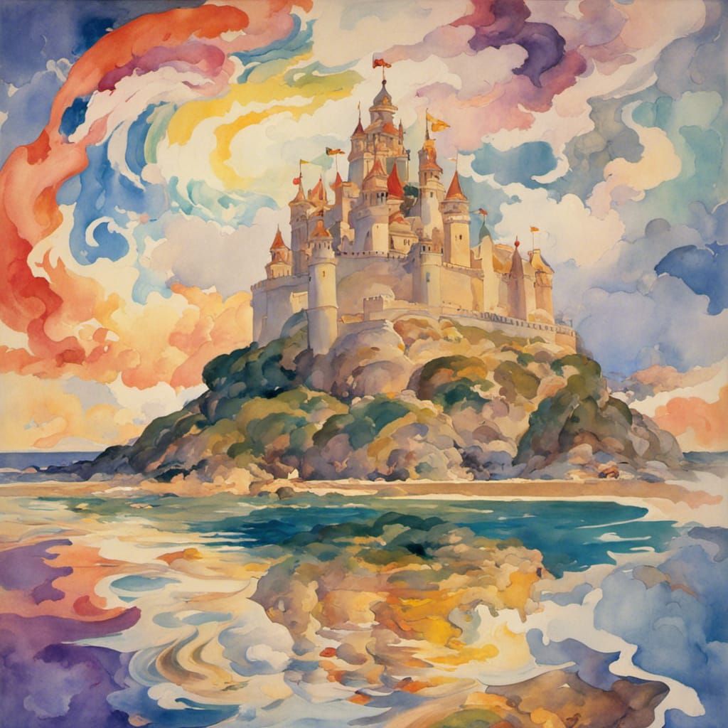 Surreal Castle in Vibrant Watercolor Style