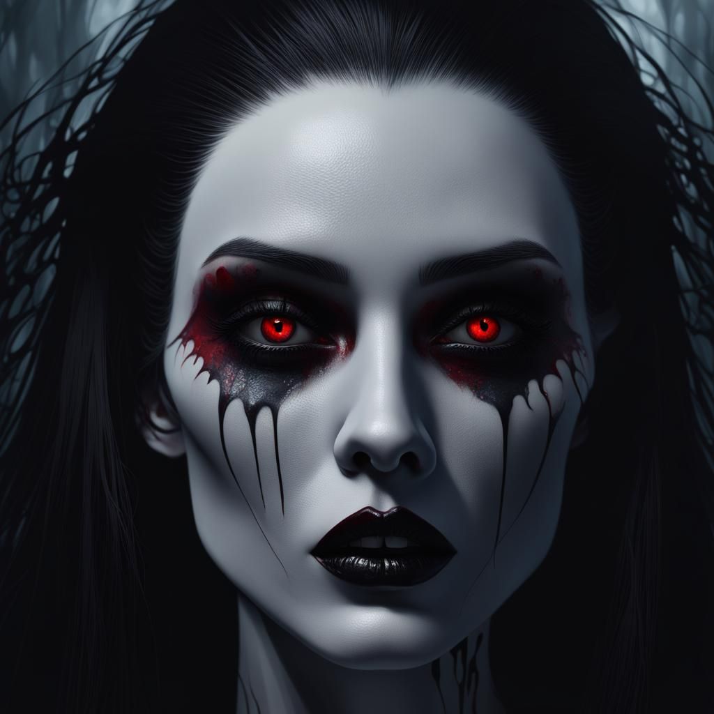 Unhinged banshee with long black hair and red eyes with tear...