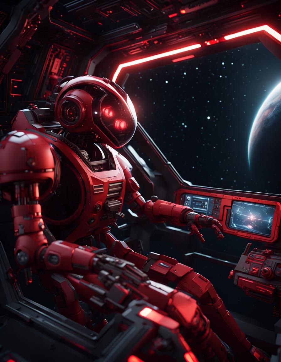 Red Robot Piloting Spaceship in Futuristic Style