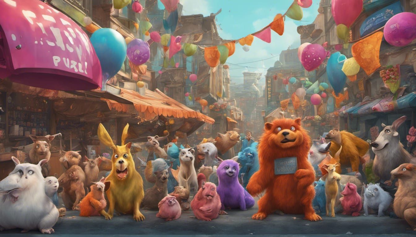 Animal Supermarket Protest: Colorful Cartoon Art