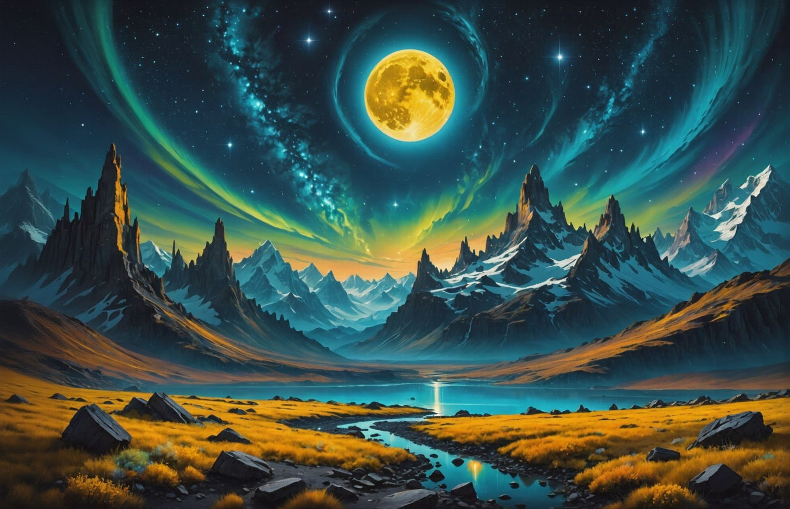 Vivid Cosmic Landscape with Supermoon, Matte Painting