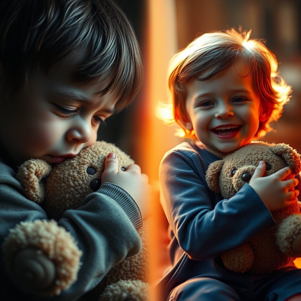 Contrasting Emotions: Child with Teddy Bear