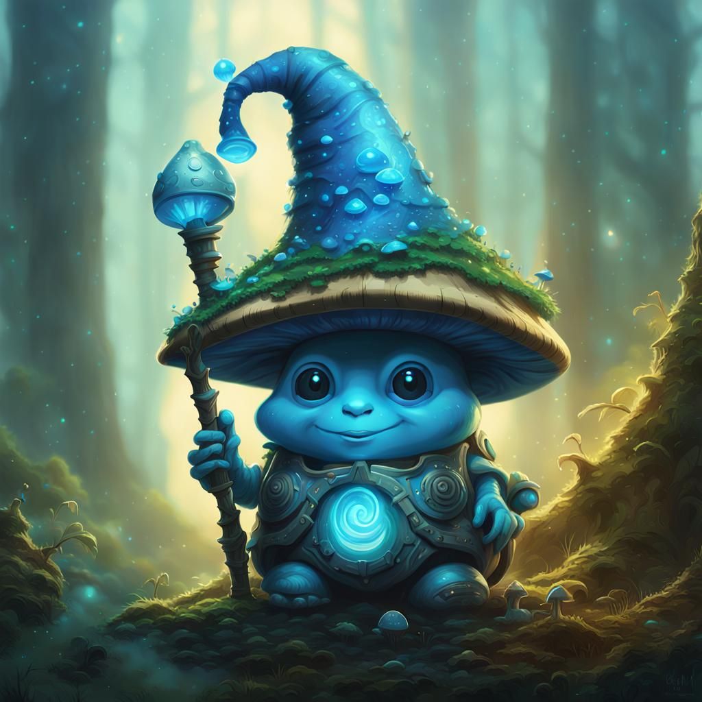 Robotic Snail Wizard Gnome in Misty Forest