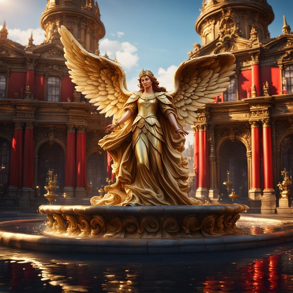 Golden Angel Statue on Fountain in Detailed Digital Art