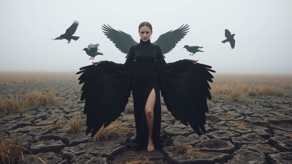 Gothic Woman Transforms into Ravens in Desolate Landscape