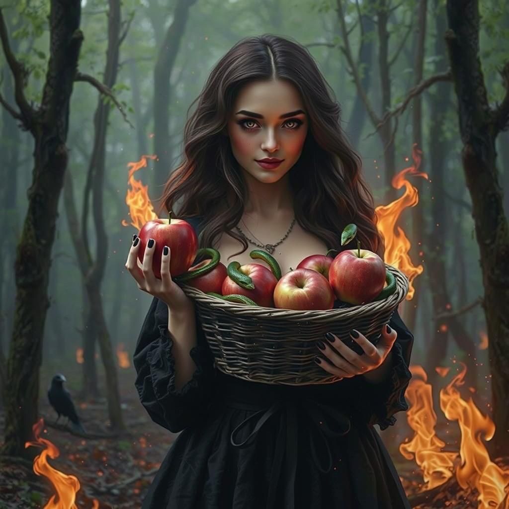 Ethereal Witch in Mystic Forest, Surrounded by Fiery Apples....