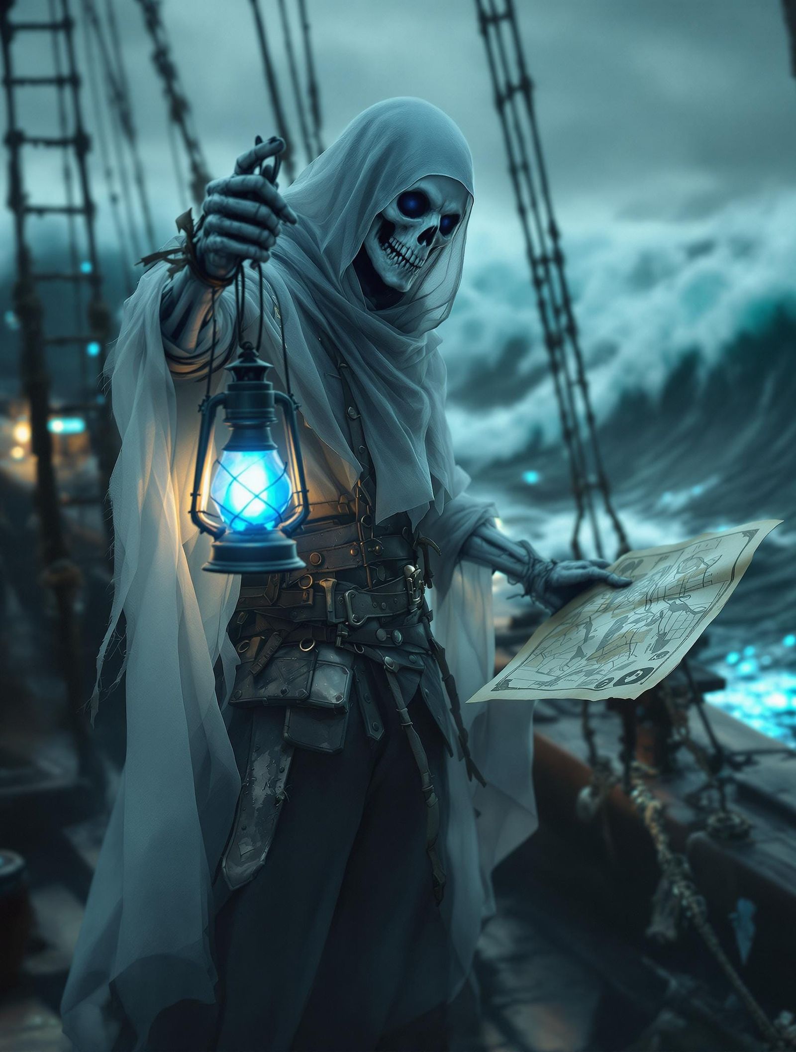 Spectral Sailor Adrift in Haunted Seascape