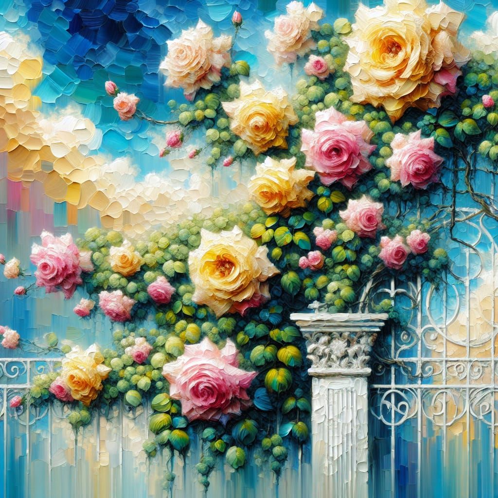 Delicate Roses Climb Elegant Trellis in Impressionist Oil Pa...