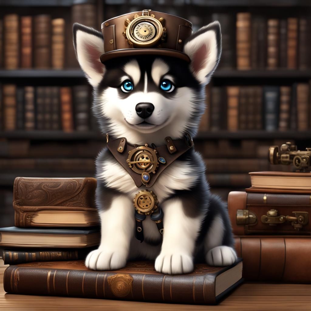 Steampunk Alaskan Husky Puppy in Library
