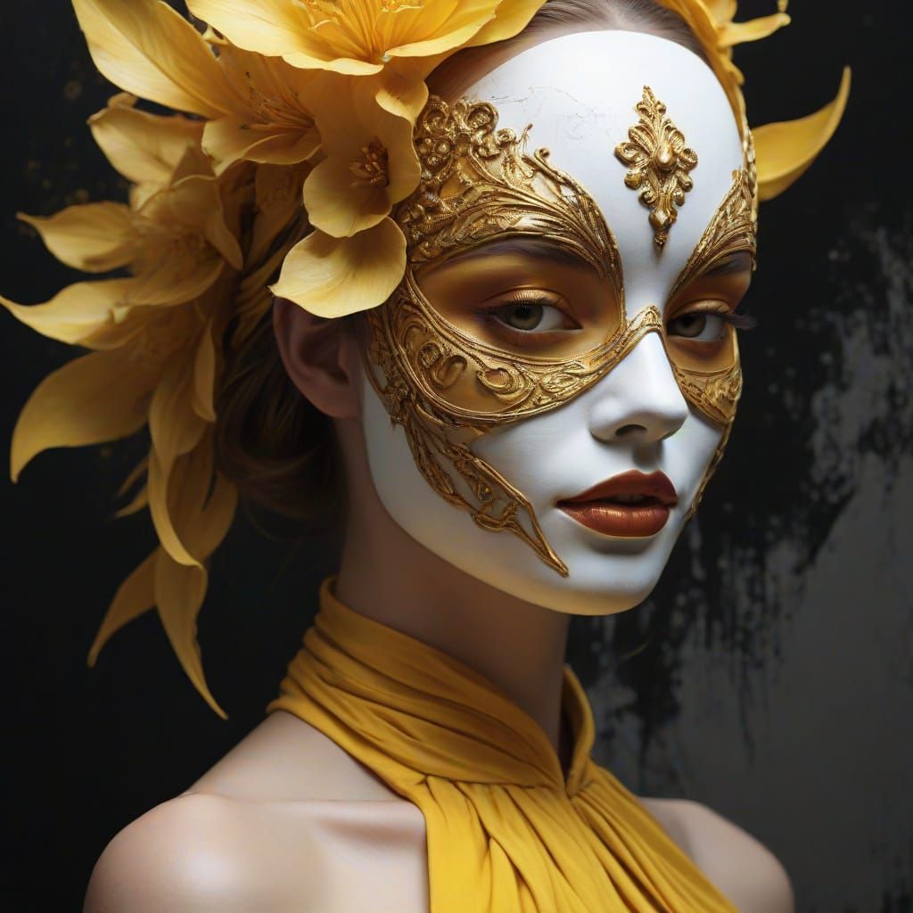 Surreal Woman in Sculptural Mask and Yellow Dress
