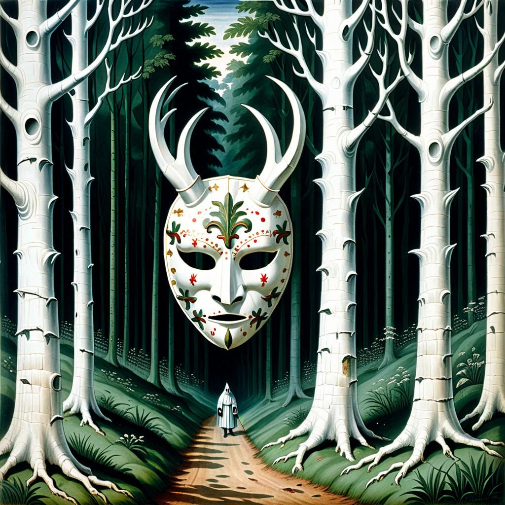 White Mask in Forest: Charcoal Bestiary Art