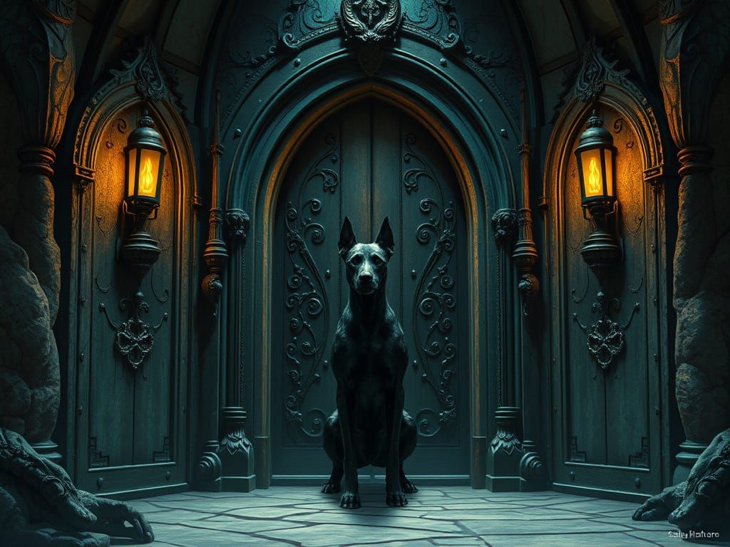 Cerberus Guards Hades in Dark Surrealist Style