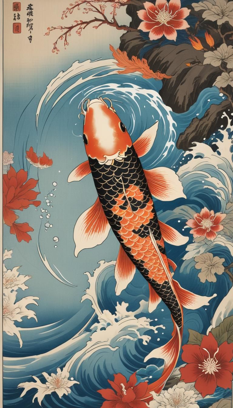 Koi-Dragon Ukiyo-e Print with Aloha Pattern