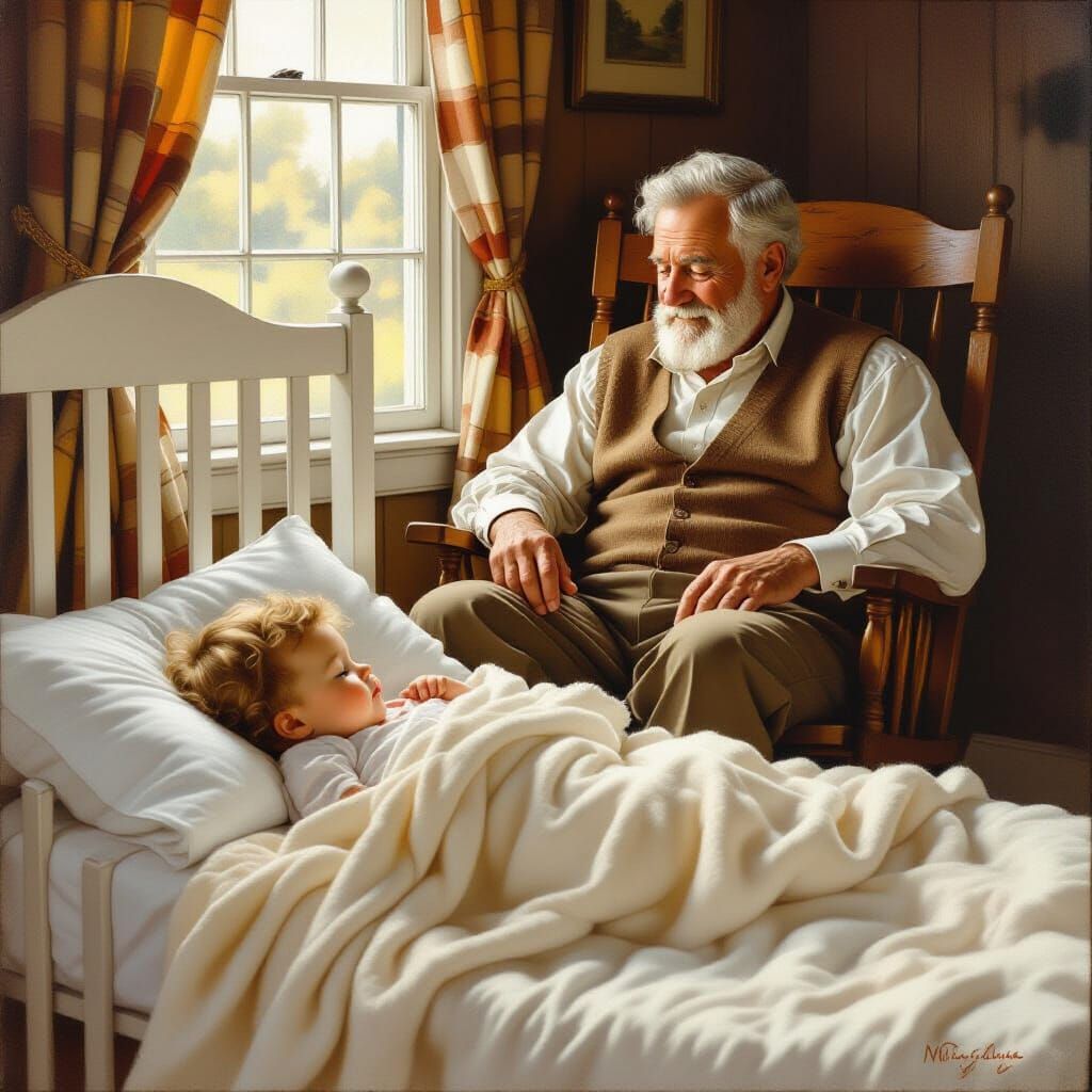 Gentle Old Man and Baby in Warm, Rustic Style