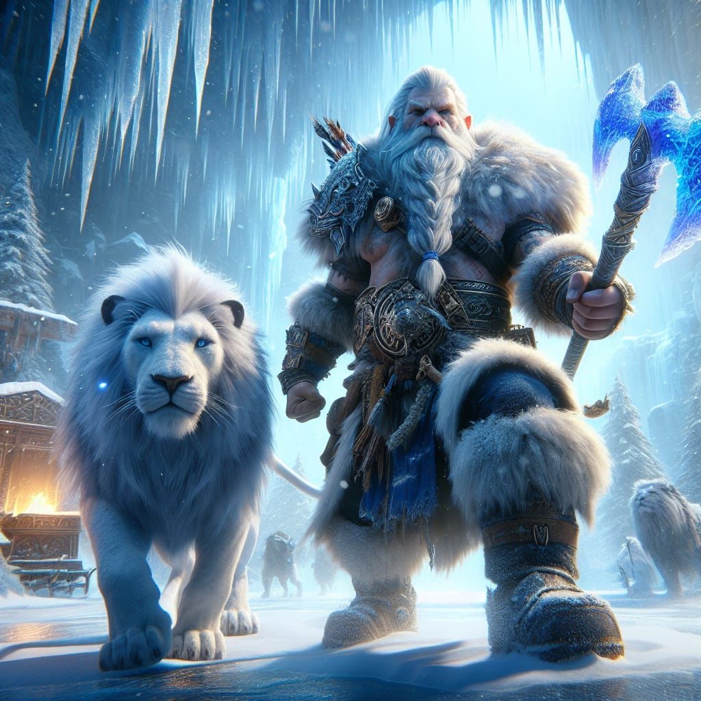 Warrior Dwarf and White Lion in Winter Arena