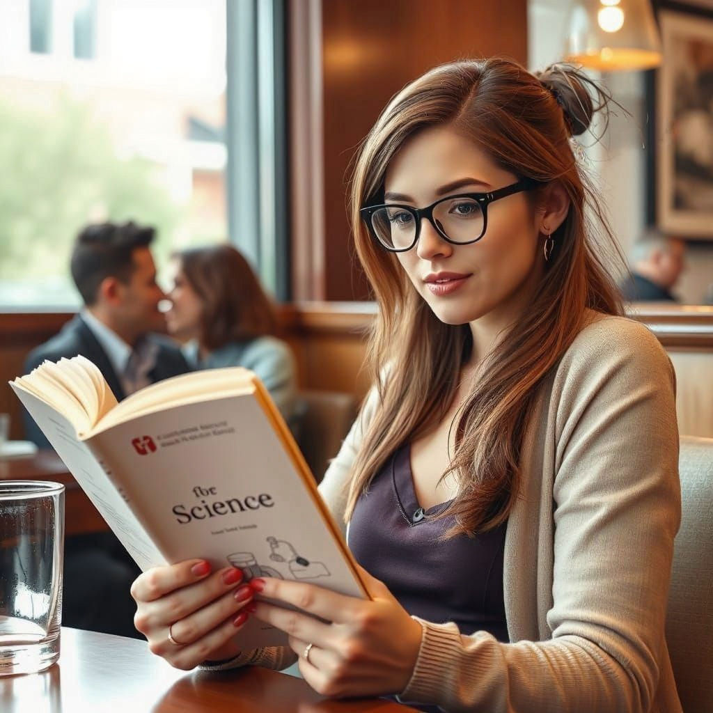 Thoughtful Woman Reads Science Book in Restaurant, Surrounde...