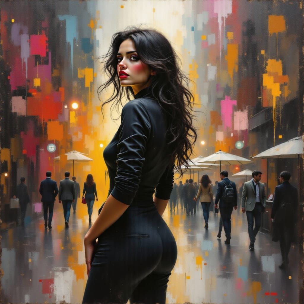 Confident Woman in Dynamic Cityscape, Mixed Media Art