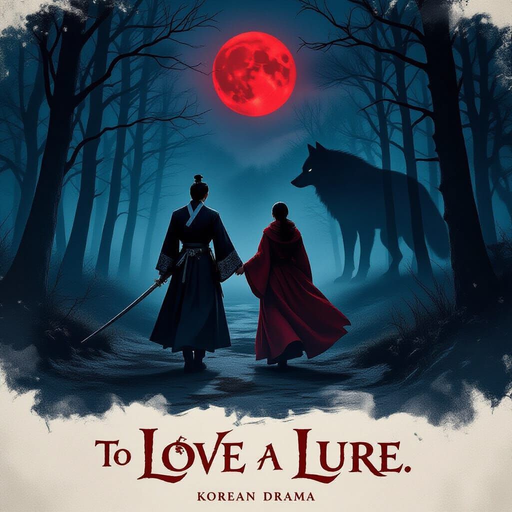 Mystic Korean Drama Poster: Man in Black Hanbok Leads Woman