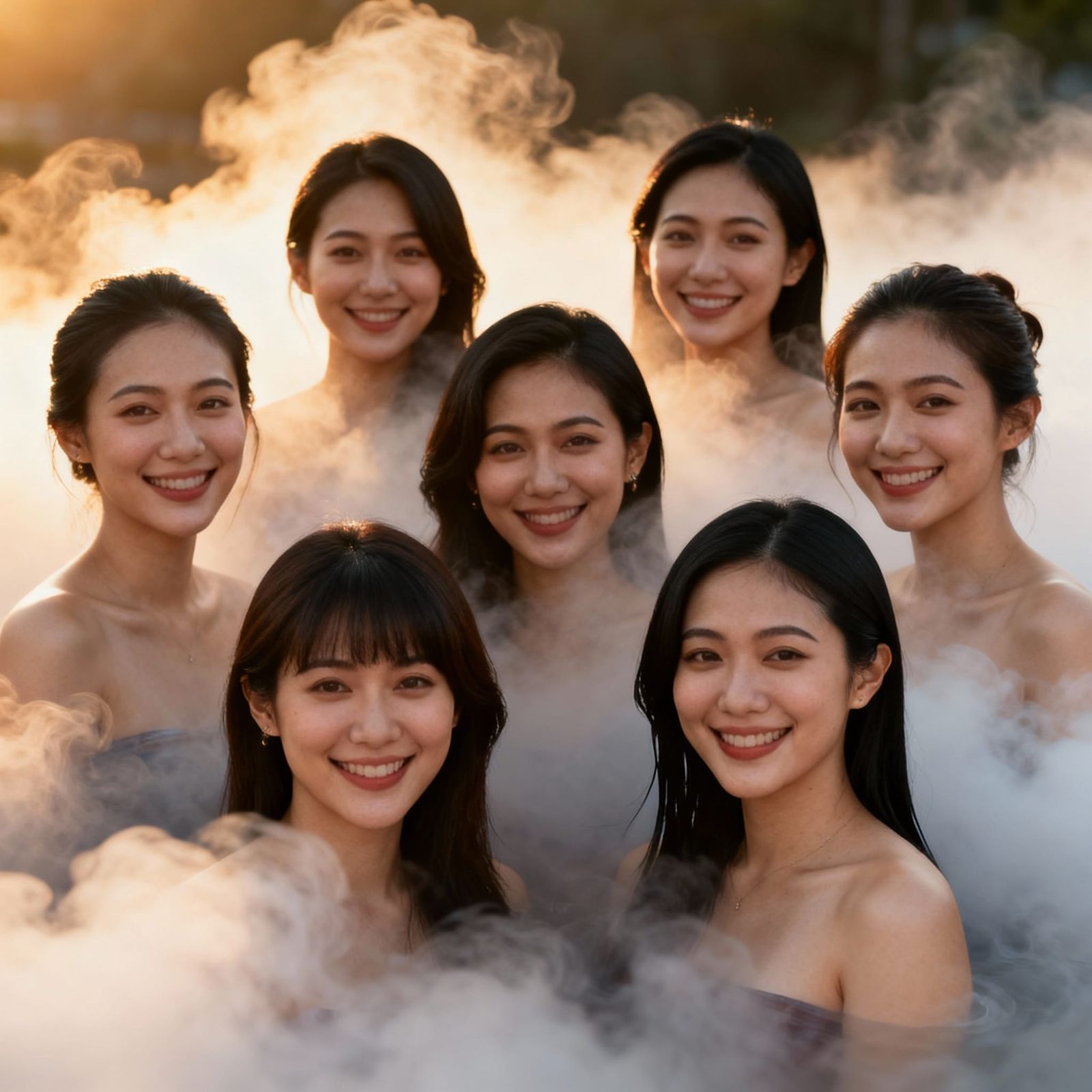 Seven Beautiful Women Smiling in Ethereal Cloudscape