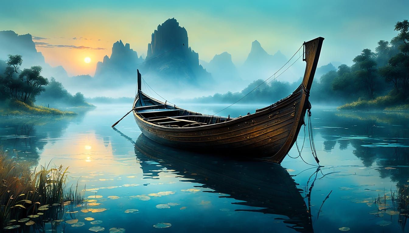 Surreal Harp Scene on Worn Boat at Sunrise
