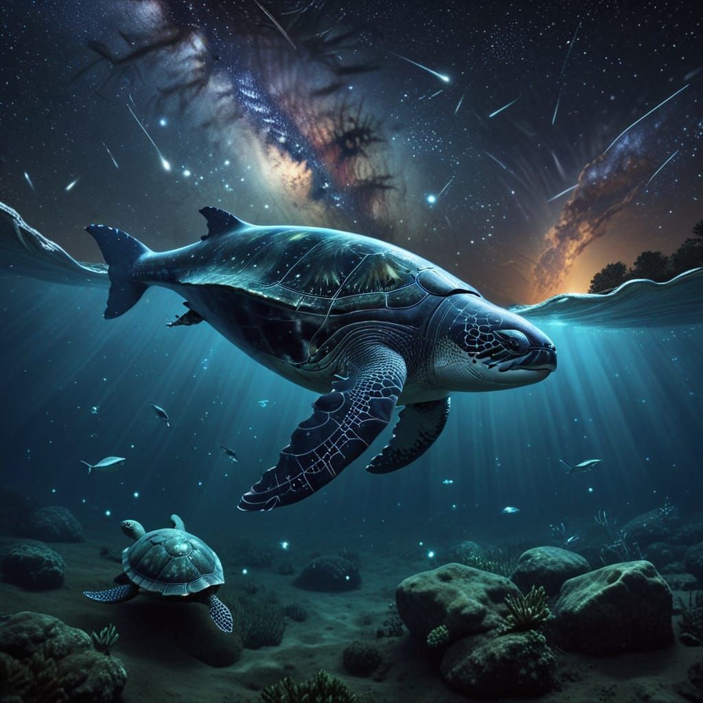 A cross between a whale and a turtle, swimming through the stars. Epic and surreal.