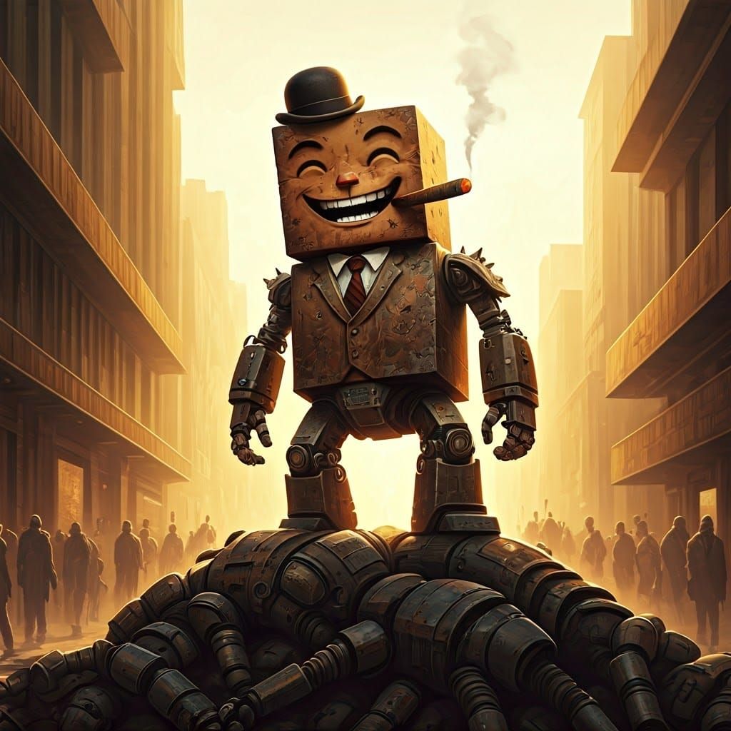 Triumphant Cyber Cube Robot in Hyper-Realistic Square World