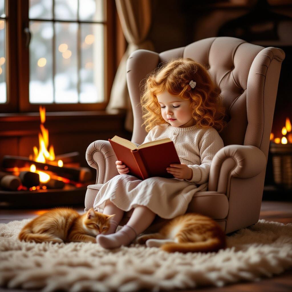 Cozy Reading Nook: Girl, Kitten, and Fireplace