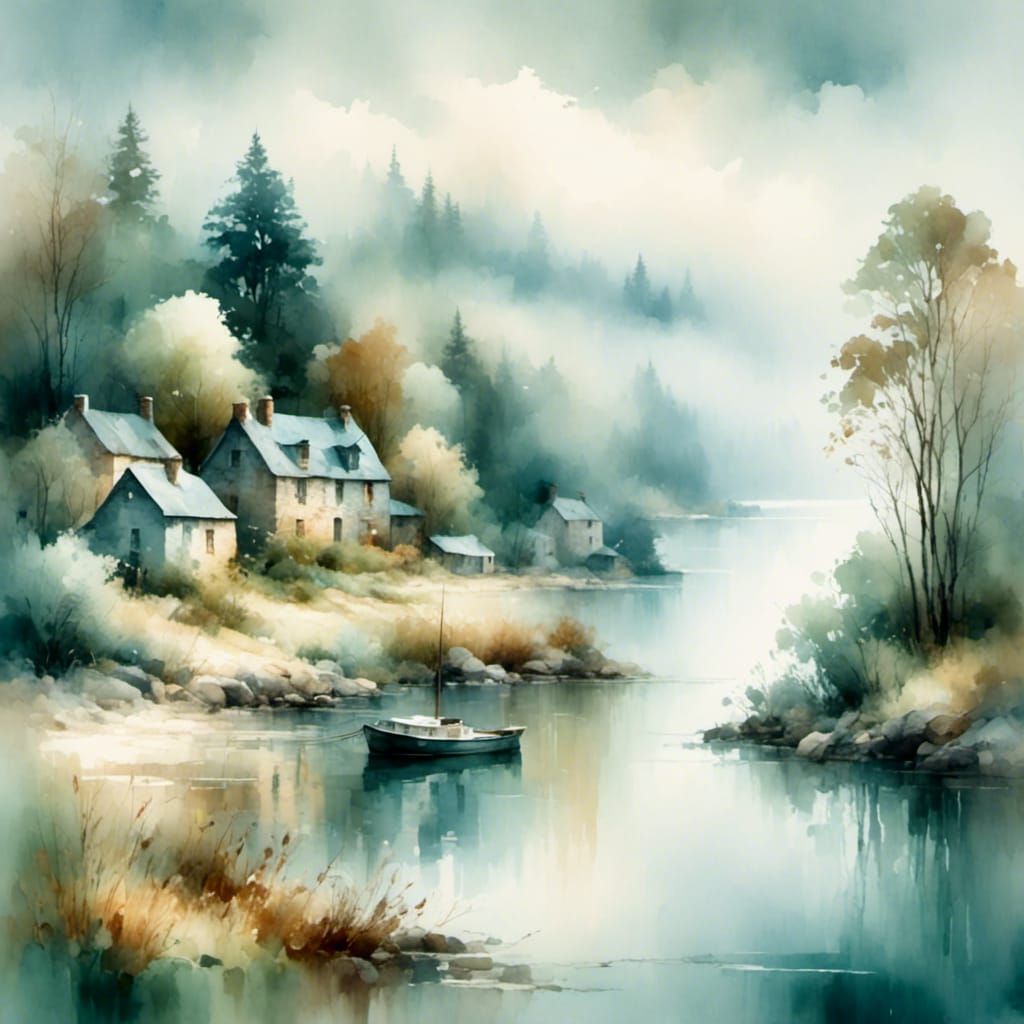 Misty Coastal Scene in Watercolor Style