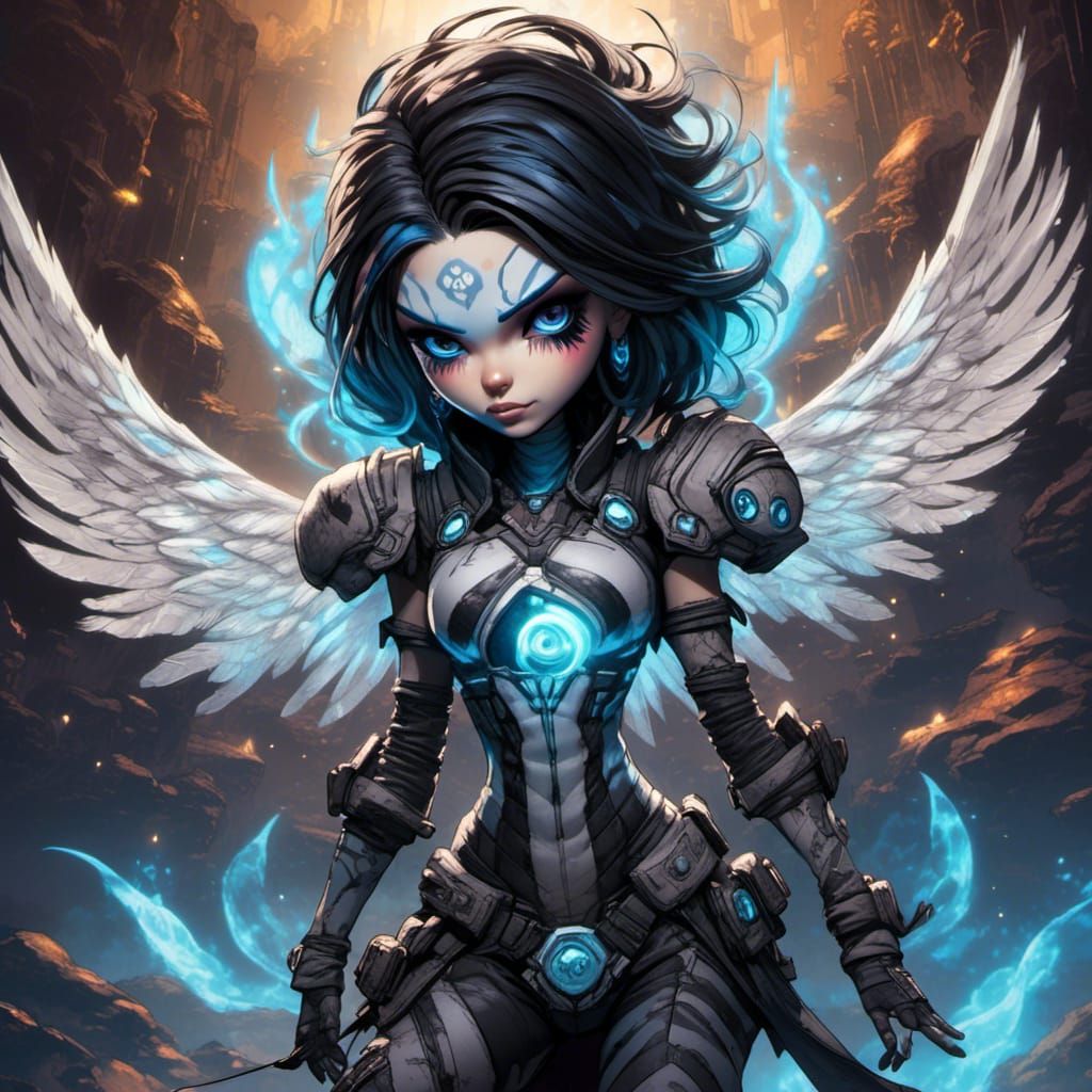 Chibi Gothic Fallen Angel with Bioluminescent Wings