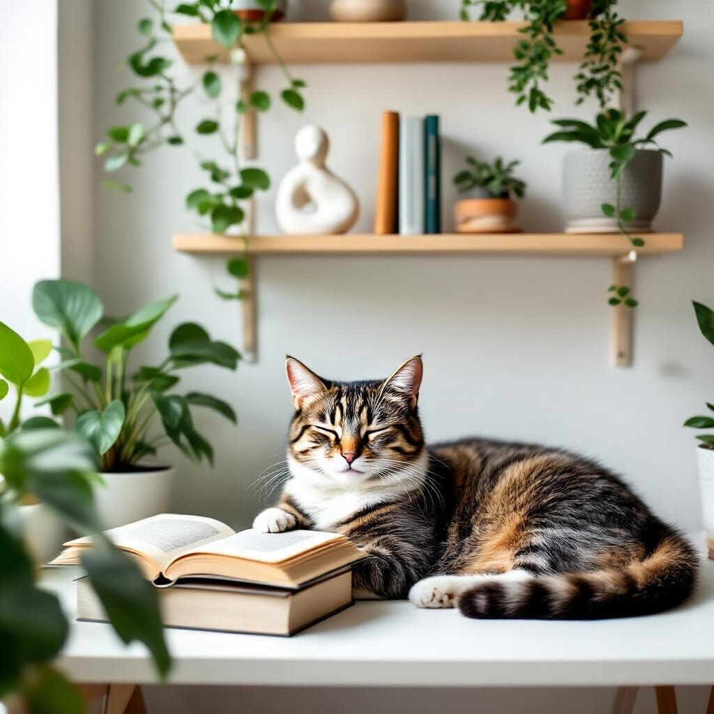 Millennial Cat Relaxes in Minimalist Workspace
