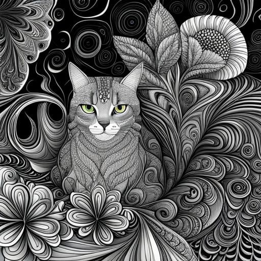 Intricate Cat and Flowers Coloring Page