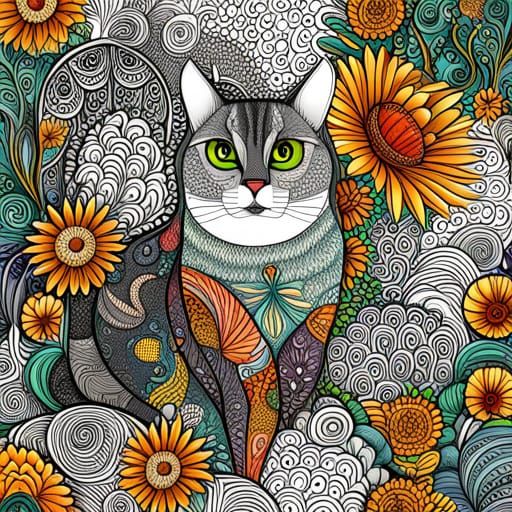 Detailed Line Art: Cat and Flowers Coloring Page