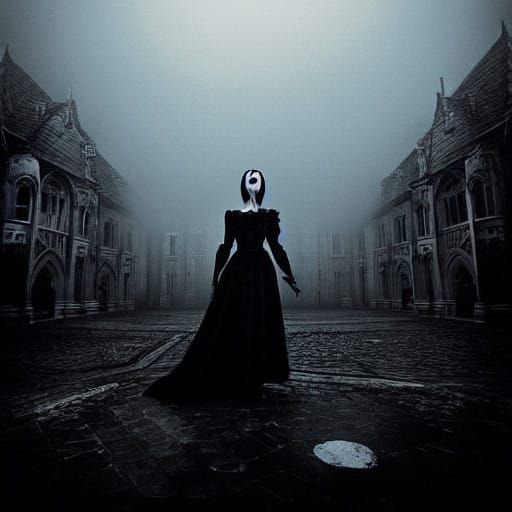 Gothic Fashion Model in a Haunting Coffee Shop Dreamscape