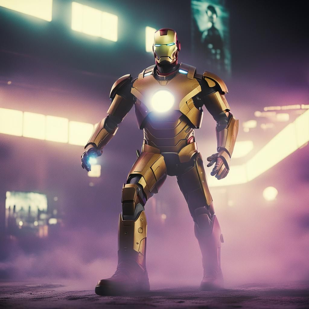 Iron Man in Misty Cityscape: Film Noir Style