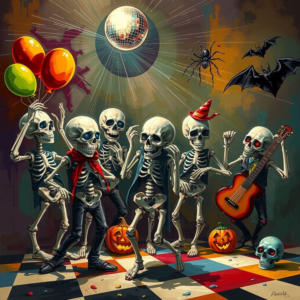A group of skulls dance slowly beneath a disco ball, wrapped...