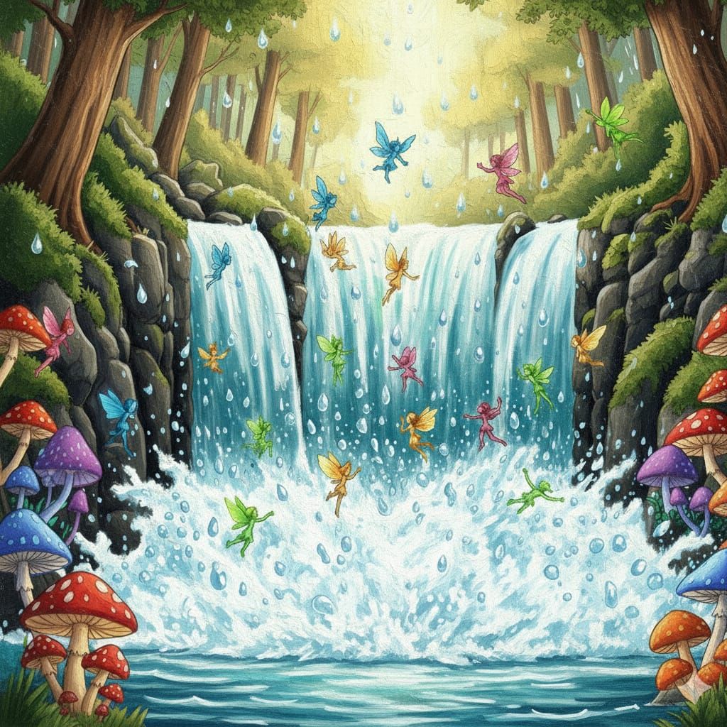 Majestic Waterfall with Neon Fairies in Vivid Oil Paint