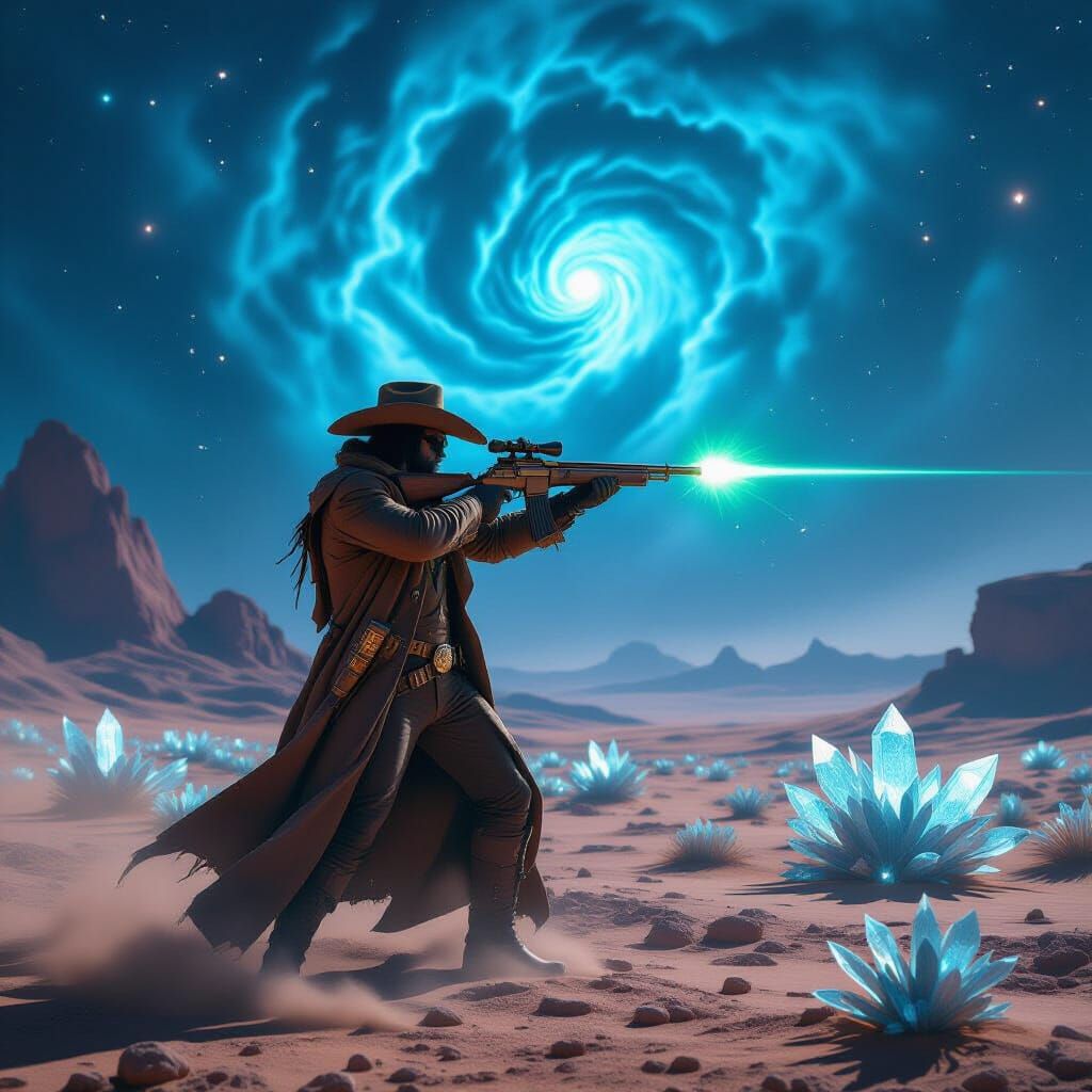 Cowboy on Alien Planet Under Nebula