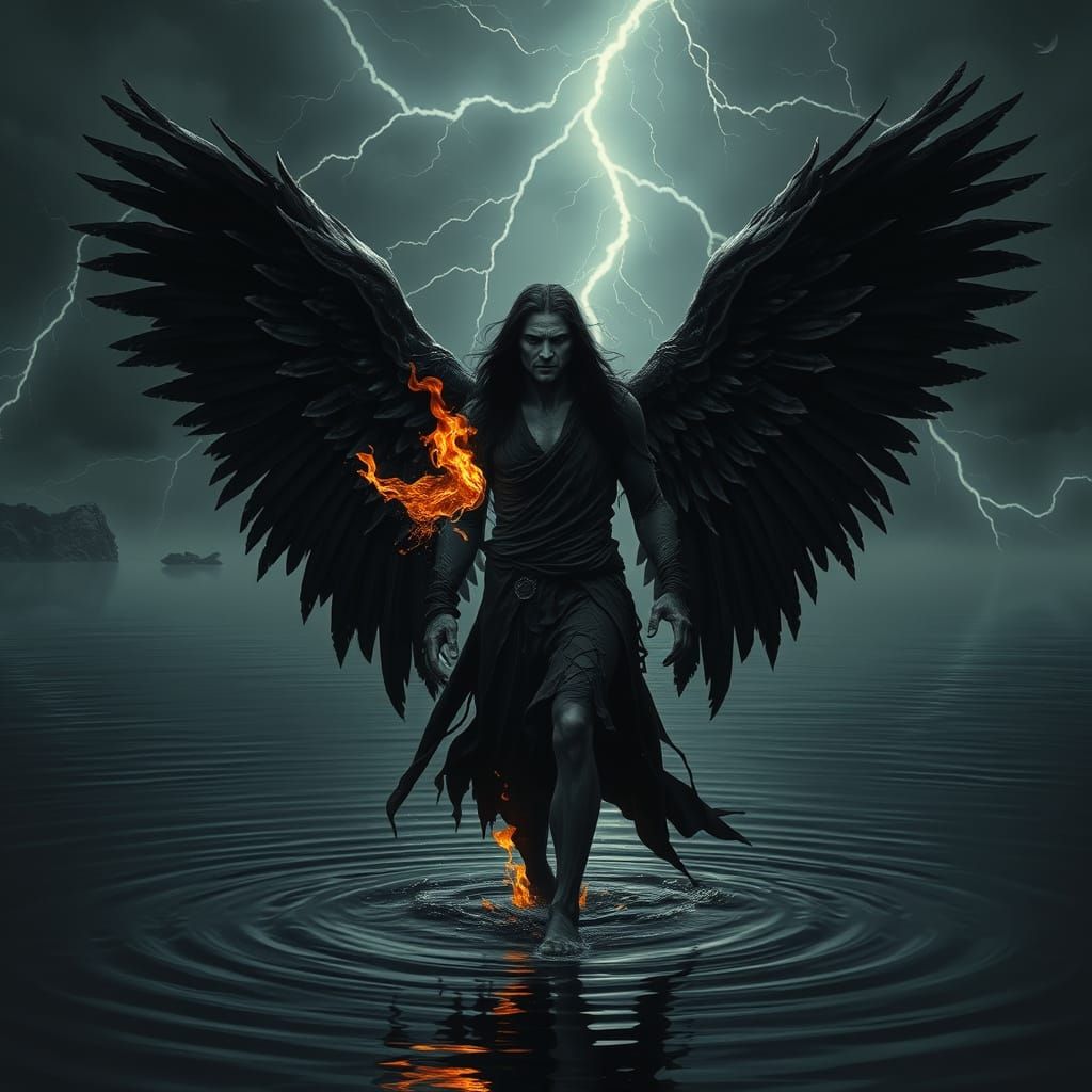 Dark, Majestic Fallen Angel Walks on Black Water, Surrounded...