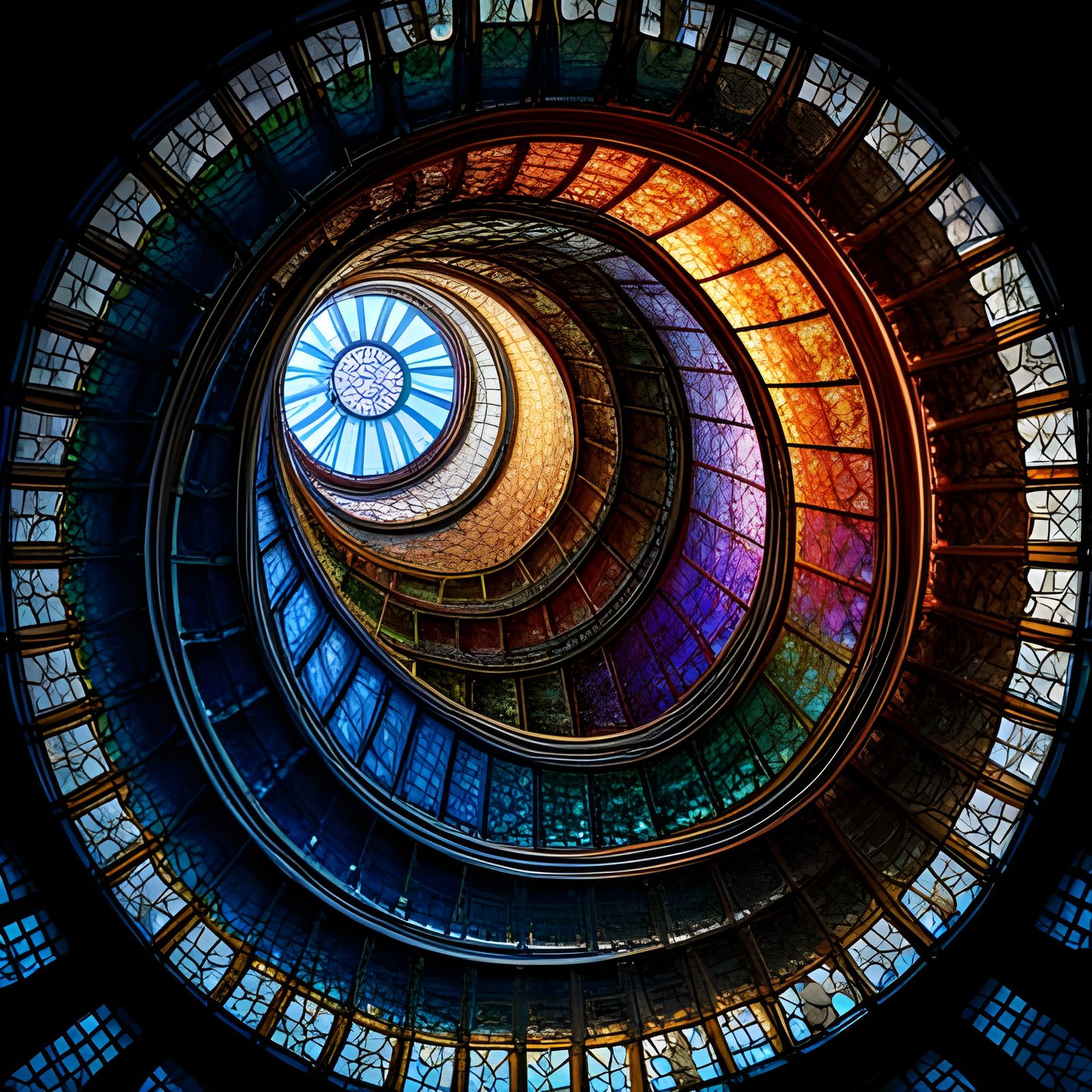 Infinite Stained Glass Spiral in Cyberpunk Steampunk Style