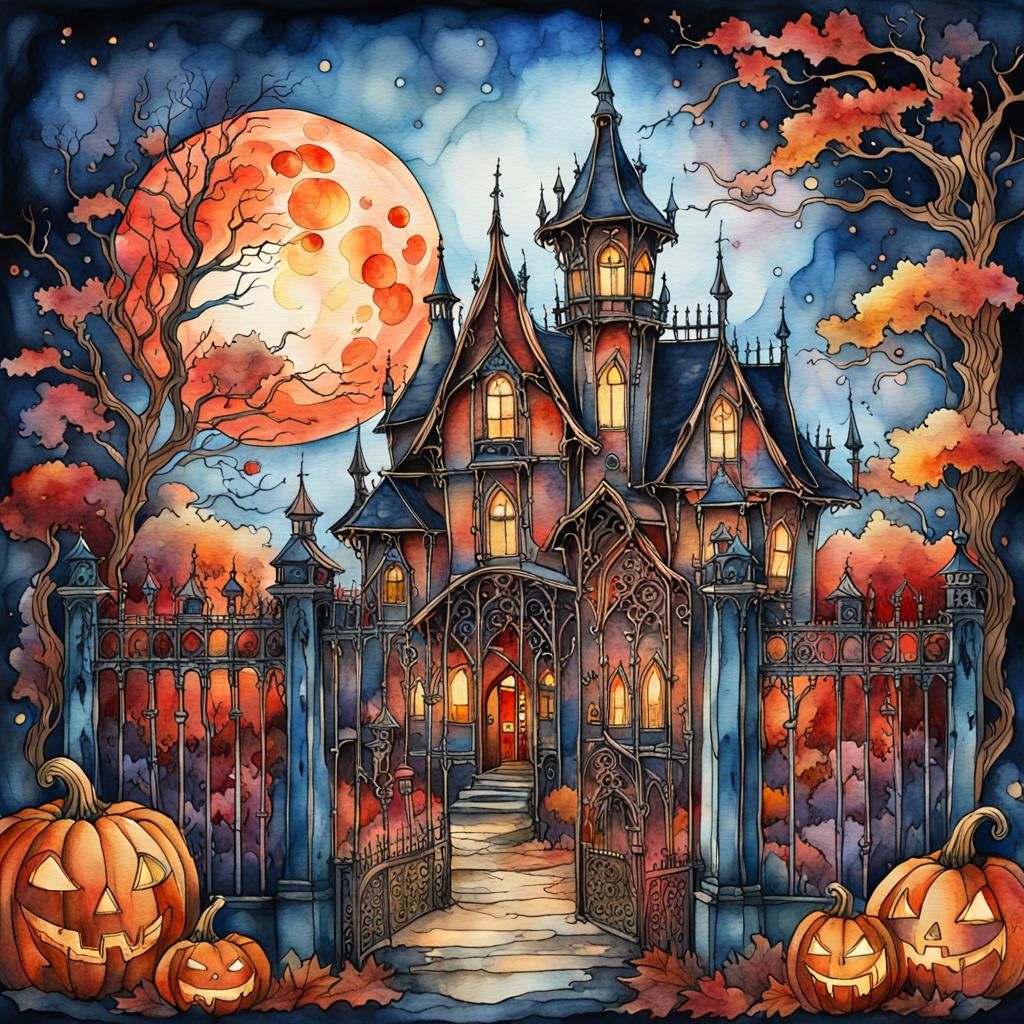 Haunted Pumpkin House in Victorian Gothic Watercolor
