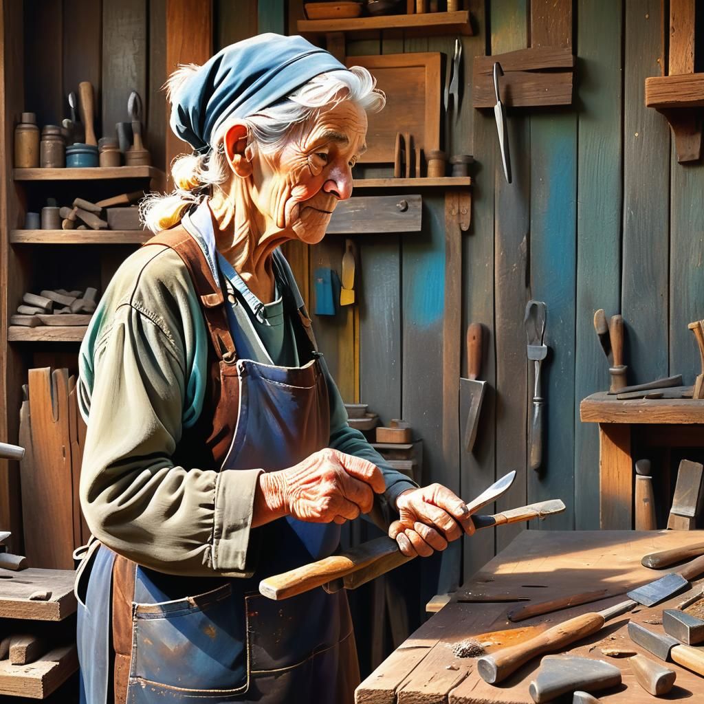 Hyperrealistic Old Woman Carpenter in Workshop