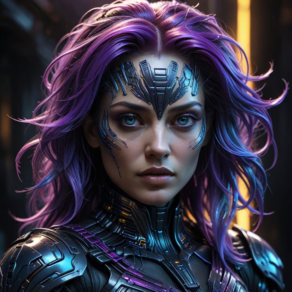 Ethereal Woman in Futuristic Armor, High-Contrast Lighting