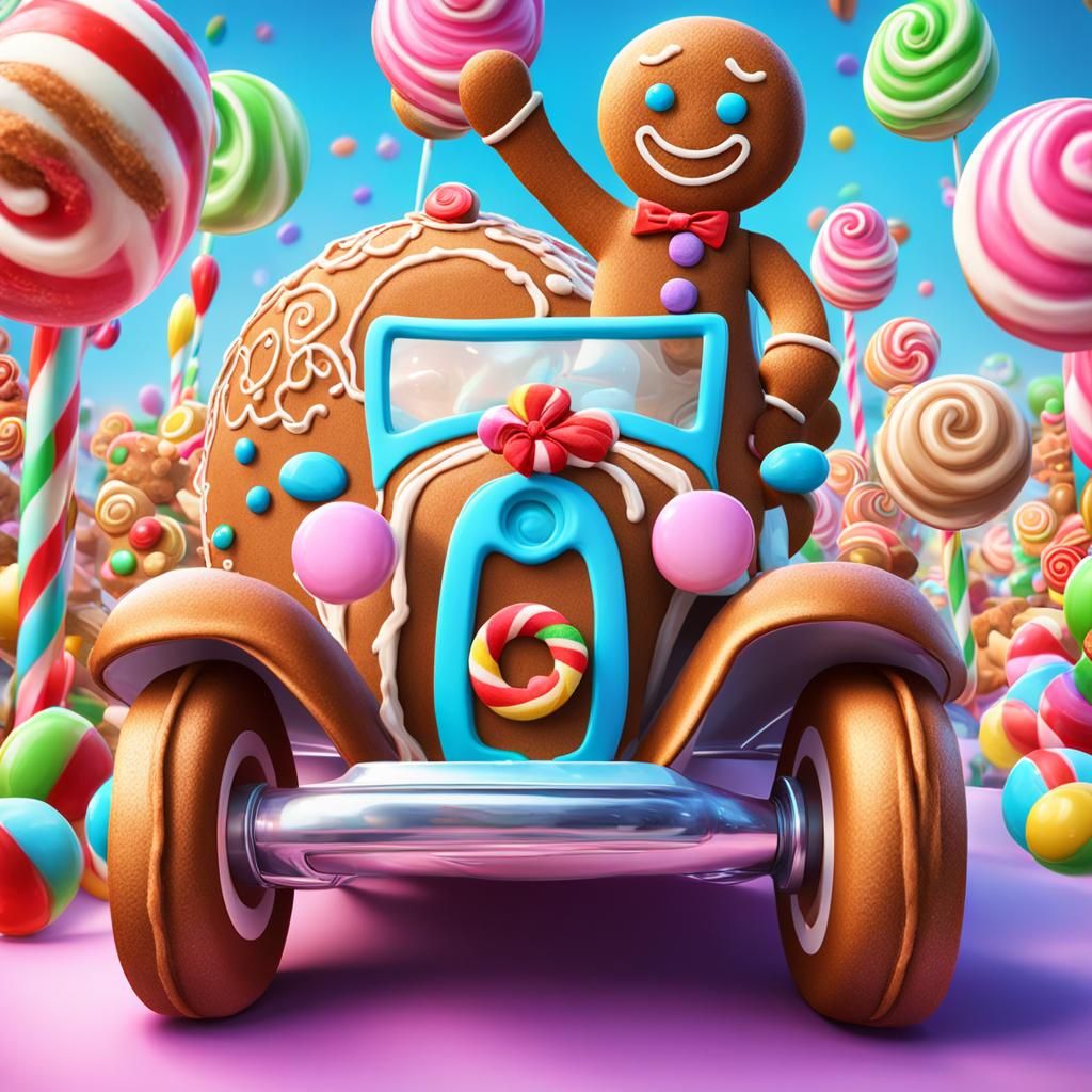 Gingerbread Man Driving Car in Candy Art Style