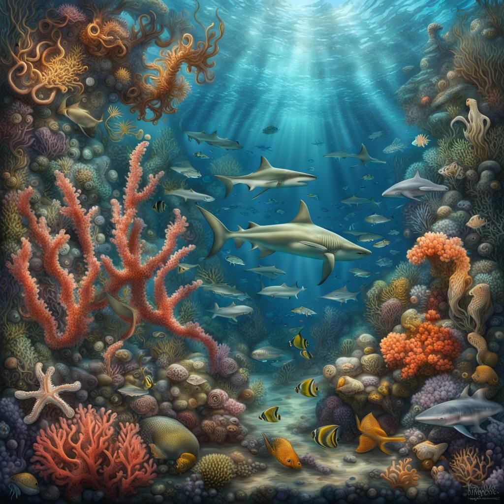 Mosaic Underwater Scene with Coral and Sea Life
