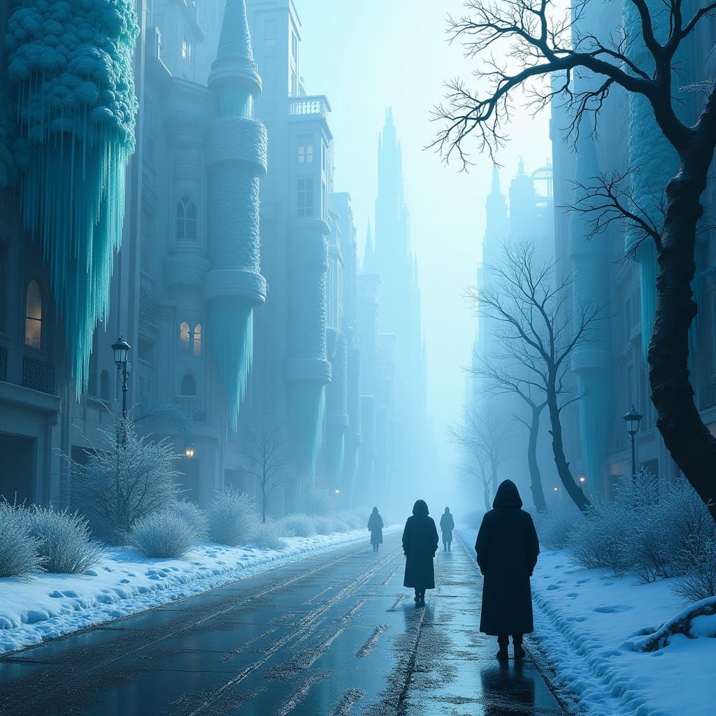 Futuristic Cityscape in Frosty Blues and Silvers, with Crypt...