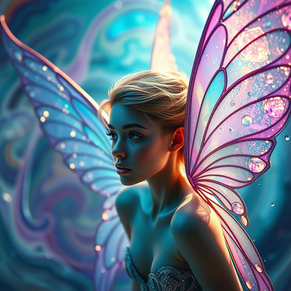 Fairy with 3D Water Droplet Wings in Street Art Style