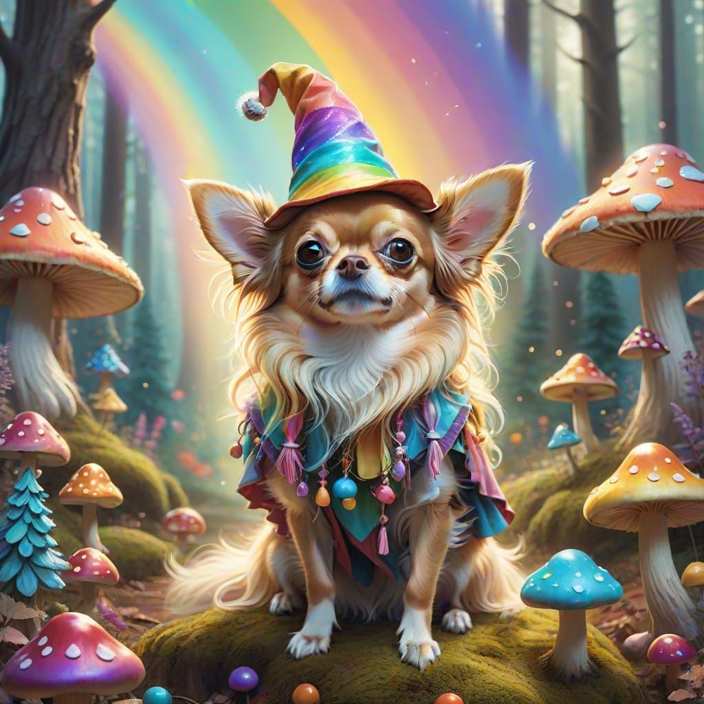 Whimsical Wizard Chihuahua Conjures a Rainbow over Enchanted...